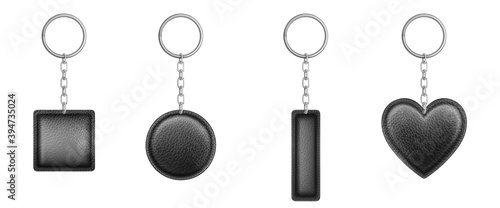 Black leather keychain different shapes with metal chain and ring. Vector realistic set of holder trinket, fob for car, home or office keys isolated on white background photo