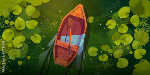 Swamp with boat and water lily leaves top view. Vector cartoon landscape of green lake or river surface with water plants and empty wooden rowboat with one oar