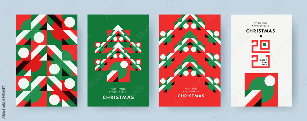 Christmas Set of greeting cards, posters, holiday covers. Geometric Xmas design with stylized Christmas Tree made of geometric shapes and New Year 2021 logo text design in red, green, white colors