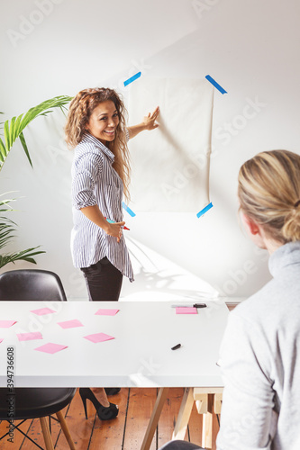 Salesperson demonstrating her pitch on a blank poster on the wall photo