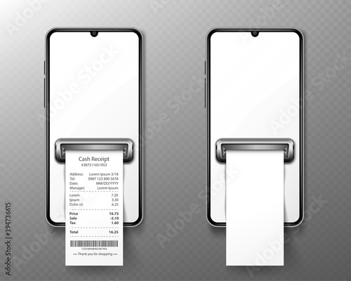 Mobile phone with shop receipt in front view. Concept of online payment, digital invoice and electronic cash check. Vector realistic mockup of smartphone with blank screen and financial bill
