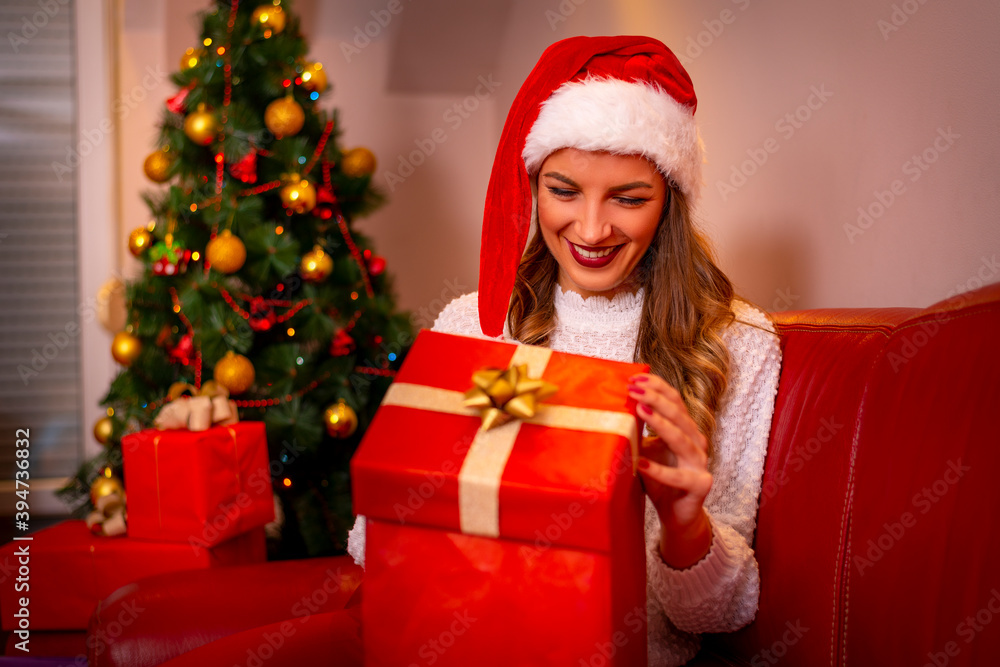 Smiling young woman with christmas present box near christmas tree Smiling young woman with christmas present box near christmas tree