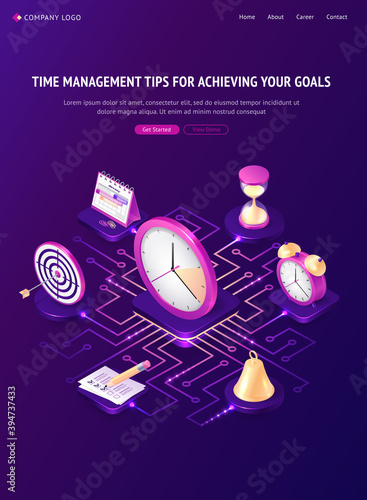Time management tips isometric landing page, work organization, goal achievement concept. Watch, hourglass, bell, target, calendar and alarm clock with to do list stand on circuit 3d vector web banner
