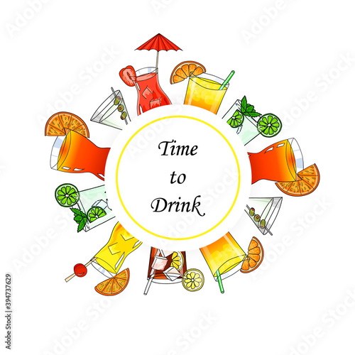 Summer cocktails on a white background. Design for a cocktail party. Cold alcoholic drinks for advertising, booklet, banner, bar menu, restaurant, cafe. Hand drawing. Illustration.