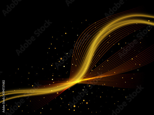 Abstract gold waves design. Shiny golden moving lines design element with glitter effect on dark background