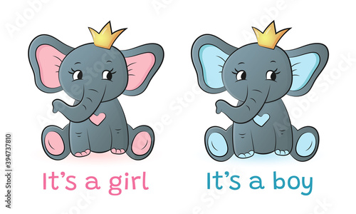 Boy and girl elephants. Baby shower invitation. Vector illustration