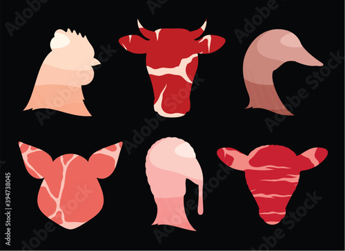 Vector farm animals icons with meat textures for butcher's shop, packaging or branding