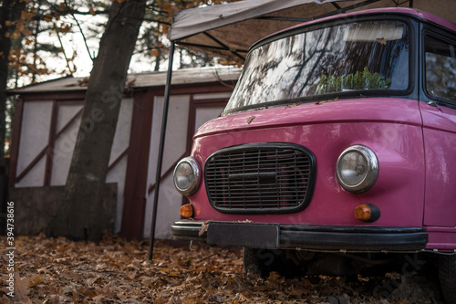 Vintage pink car in autumn surrounding