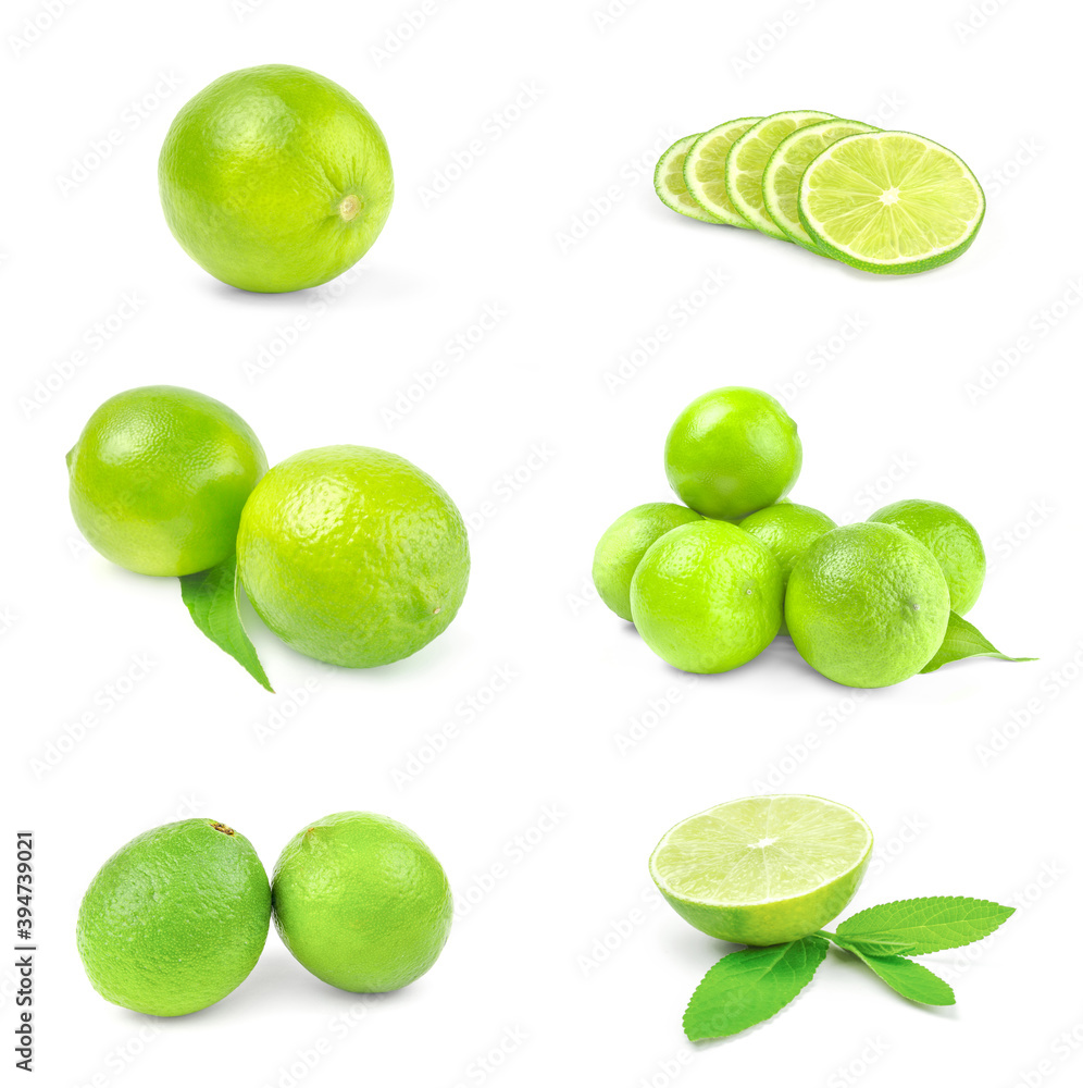 Set of limes isolated on a white background with clipping path