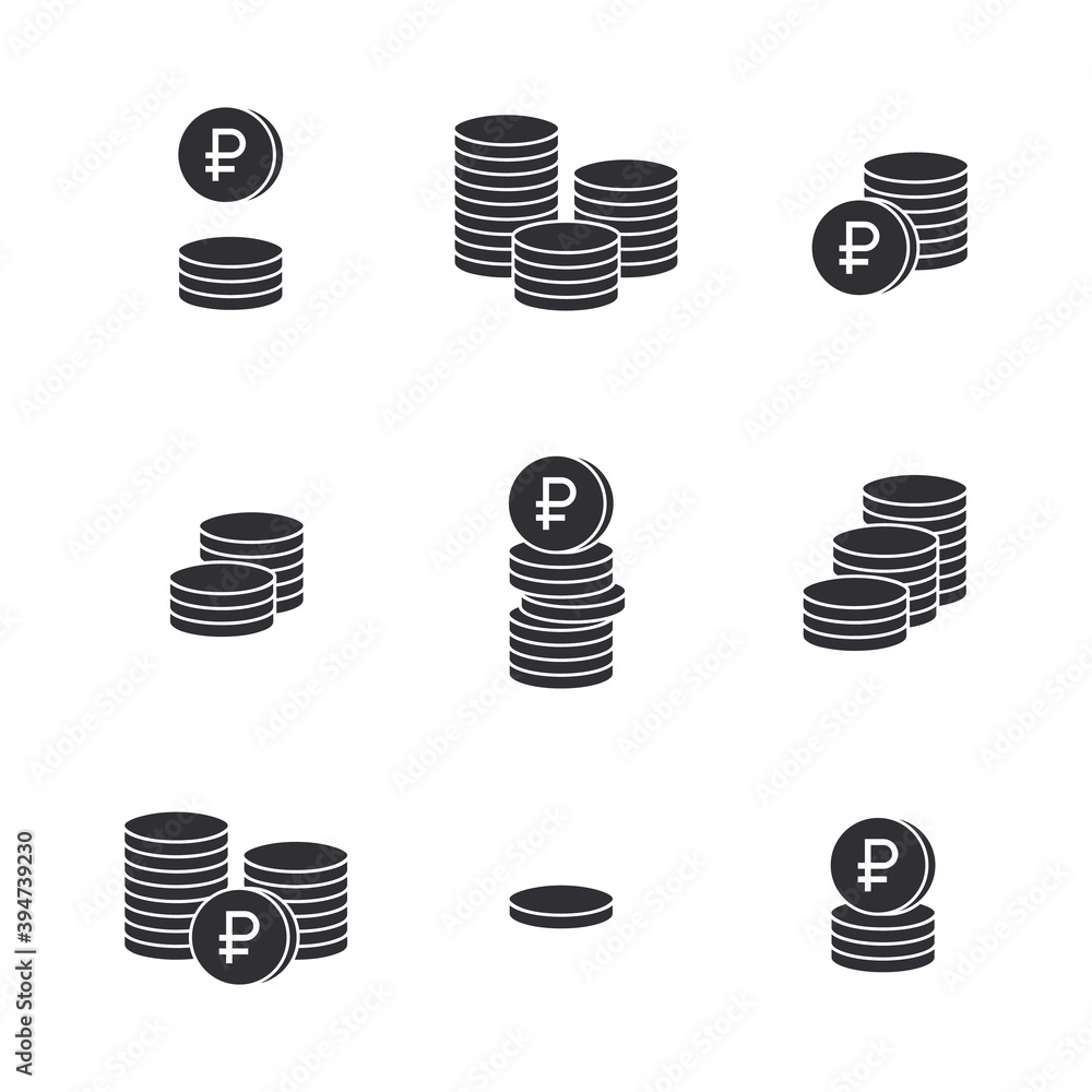 Ruble sign. Russian ruble. Coin icon. Ruble symbol. Vector money symbol. Bank payment symbol. Finance symbol. Cash icon. Currency exchange. Money. Financial operations. Trade. Stack of coins.