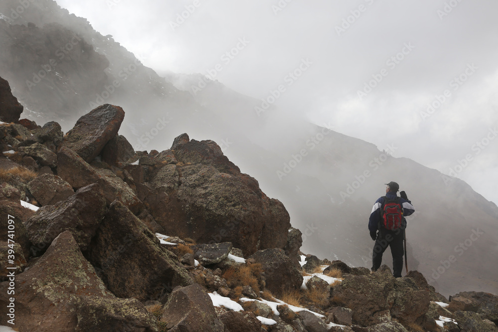 Mountaineers climbing at Mount Savalan (Sabalan) summit in Savalan, Iran. Savalan is the third highest mountain in Iran.
