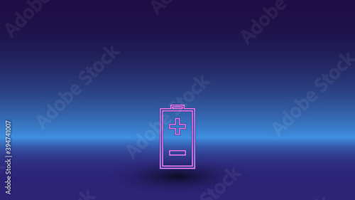 Neon battery symbol on a gradient blue background. The isolated symbol is located in the bottom center. Gradient blue with light blue skyline