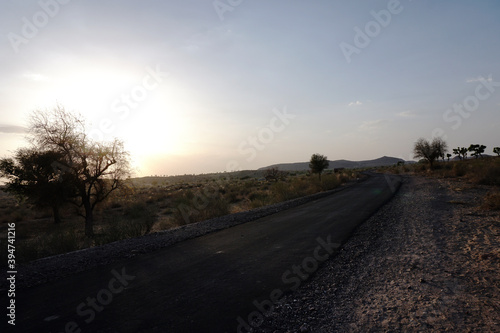 The deserted road of the village of Jodhpur    landscape from jodhpur    jodhpur village    jodhpur rajasthan    Deserted road    road with blue sky