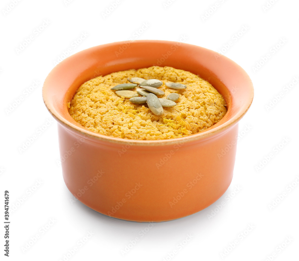 Tasty pumpkin pudding on white background Tasty pumpkin pudding on white background