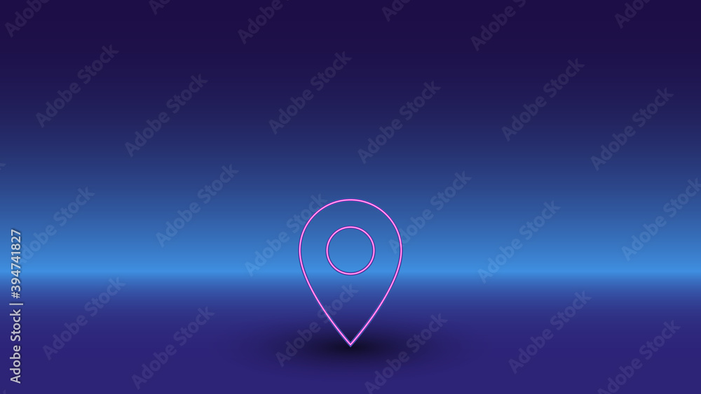 Neon location symbol on a gradient blue background. The isolated symbol is located in the bottom center. Gradient blue with light blue skyline Neon location symbol on a gradient blue background. The isolated symbol is located in the bottom center. Gradient blue with light blue skyline