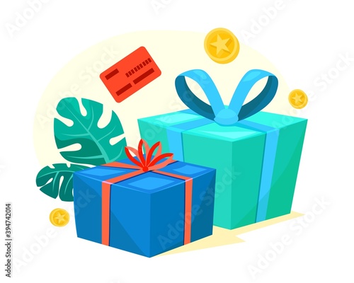 Green and blue gift boxes with red ribbon, bonus money, earn points, loyalty program, win prize, cash back for purchase, birthday present, cartoon vector icon