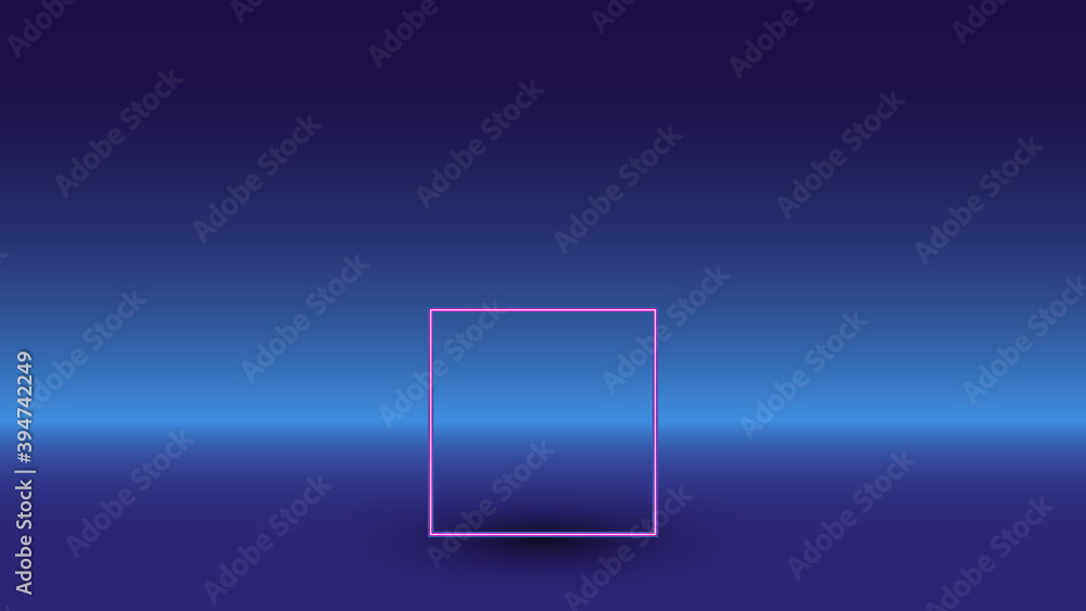 Neon rectangle symbol on a gradient blue background. The isolated symbol is located in the bottom center. Gradient blue with light blue skyline