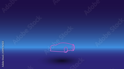 Neon sport car symbol on a gradient blue background. The isolated symbol is located in the bottom center. Gradient blue with light blue skyline