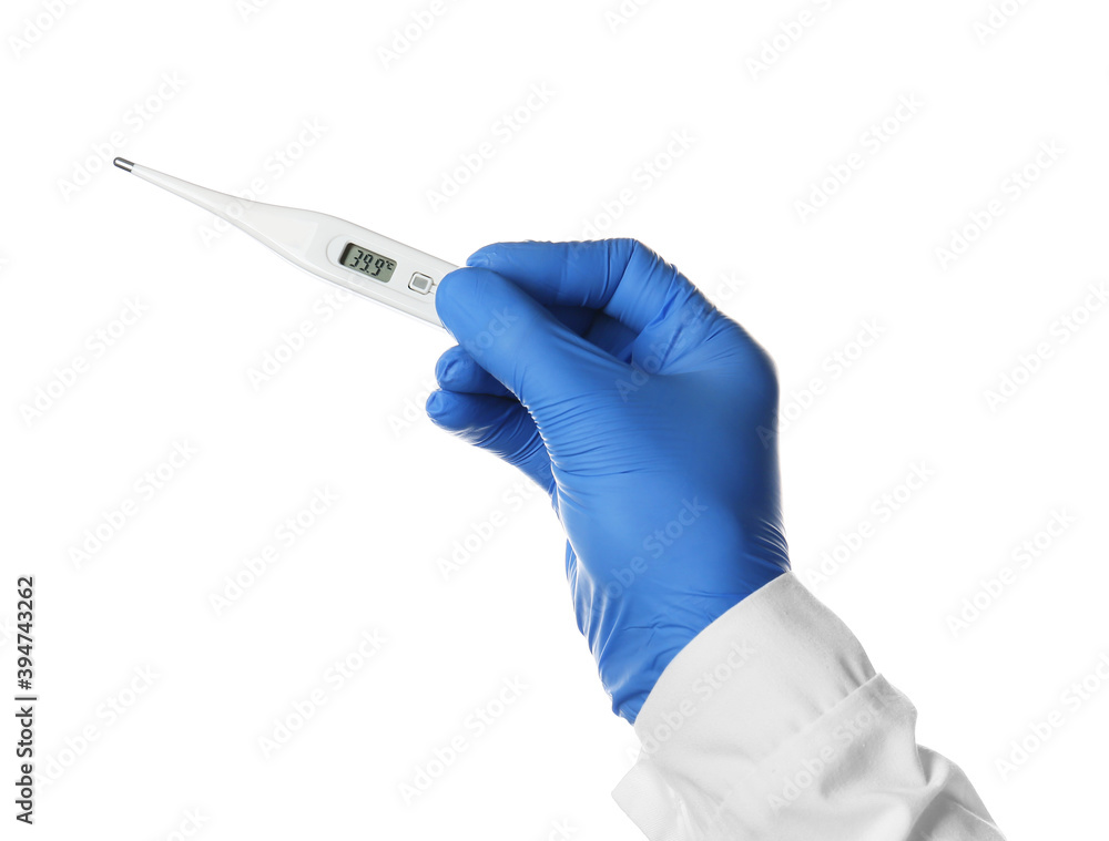 Hand of doctor with thermometer on white background Hand of doctor with thermometer on white background