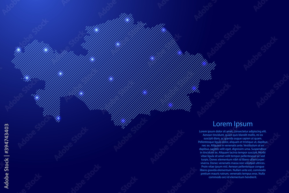 Kazakhstan map from blue pattern slanted parallel lines and glowing space stars grid. Vector illustration.