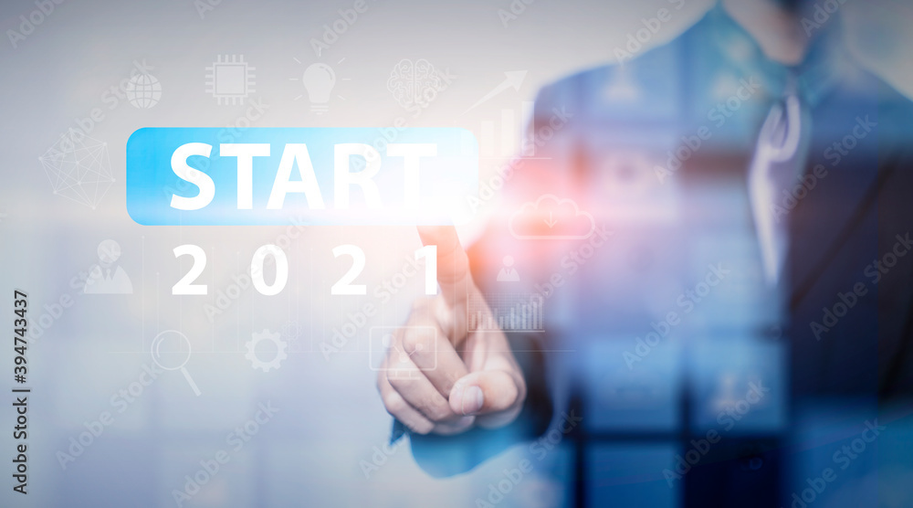 Business and Technology target set goals and achievement in 2021 new year resolution, planning and start up strategies and ideas graphic icon design concept businessman copy space blue background Business and Technology target set goals and achievement in 2021 new year resolution, planning and start up strategies and ideas graphic icon design concept businessman copy space blue background