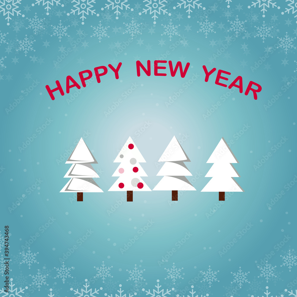 Merry Christmas and Happy New Year vector design for greeting cards and poster. Merry Christmas, with a winter landscape, with snowflakes, Christmas trees on a blue background. Vector illustration.