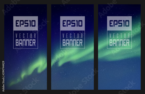 Northern lights. Green aurora borealis. Abstract vector banner set