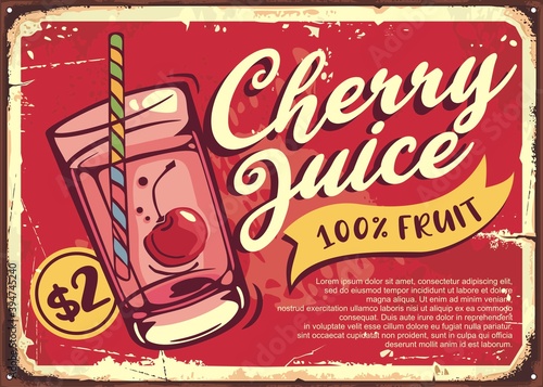 Cherry juice vintage retro sign design. Organic natural healthy product vector poster template.