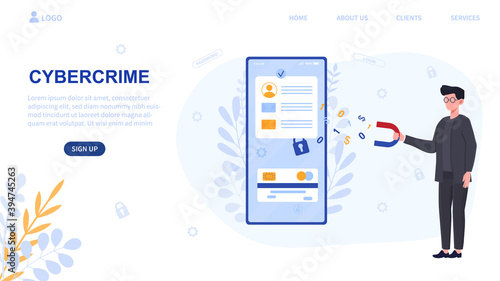 Infographics of cybersecurity. Concept of preventing smartphone of hacker attacks, internet crime and digital fraud by using cyber security and computer protection. Website, landing page template