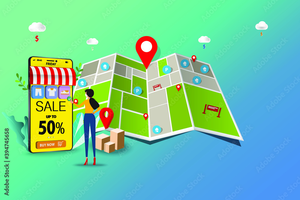 Obraz premium Business concept of online shopping, young woman wear a medical white mask and touch on icon of smart phone to order a new shoe in a background of big map and marker in perspective view.