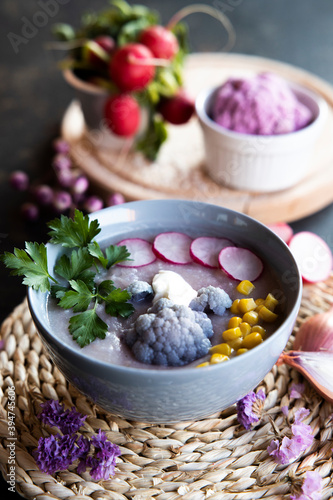purple sweet potato soup. Red cabbage soup.Vegetable soup.Autumn cuisine.