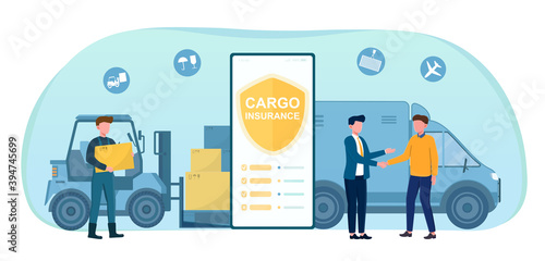 Male characters shaking hands making cargo insurance deal. Making import and export logistics with no worry about safety with from start till the end. Flat vector illustration