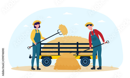 Couple of farmers collecting the hay with a pitchfork. Male and female characters in overalls organizing territory. Flat cartoon vector illustration
