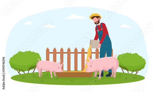 Farmer in blue overall feeding pigs. Male character is making sure animals are safe and fed. Flat vector illustration