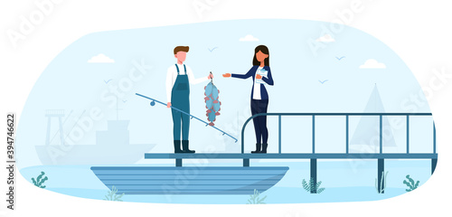 Fisherman showing fish haul to female customer on pier. Woman buyer checking fishery catch in dock and writing notes. Flat cartoon vector illustration