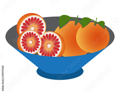 Bowl of fruit with sliced oranges flat vector icon for apps and website