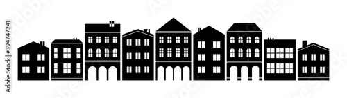 Abstract nordic european america town suburb silhouette cutout skyline with double decker and three-storey houses black and white