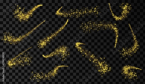Sparkle stardust. Gold silver wave. Magic comet with trail. Shining stars.
