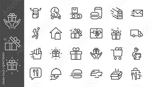 PIZZA DELIVERY, and Food Icon Set Vector thin line, contains courier, home delivery, food ordering, fast transport, drone, ship, car, editable stroke. ICONS circuits