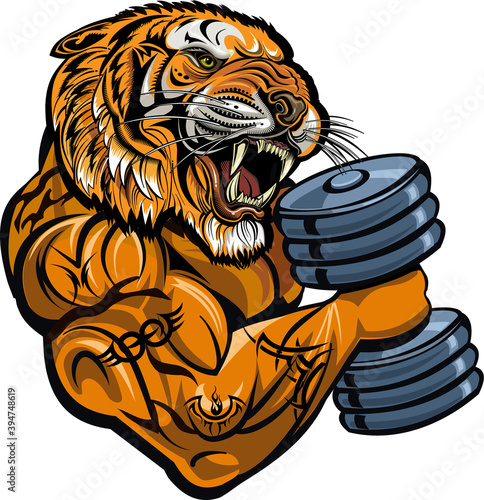 Saber-toothed tiger. Weightlifting power sport. Fitness gym