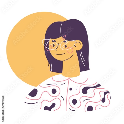 Female head smiling in large glasses in casual clothes. Outline graphic style, isolated on white woman with short hair