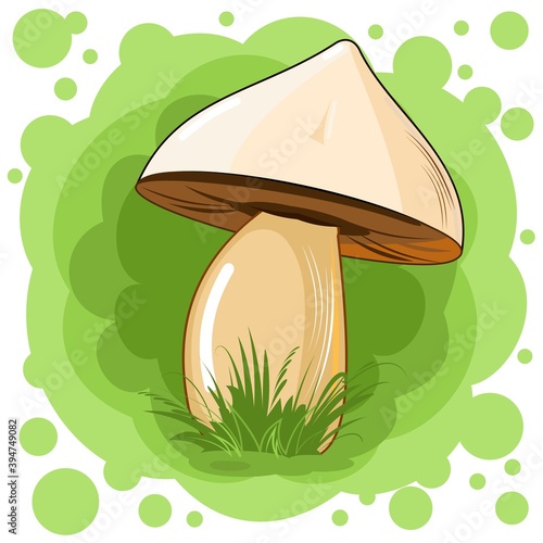 White mushroom on an abstract background. Picture. Vector isolated on white. Cartoon flat style. Beautiful little forest mushroom in the grass.