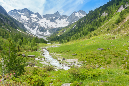 Hochgebirgstal im tiroler Zillertal mit Gletscher im Hintergrund