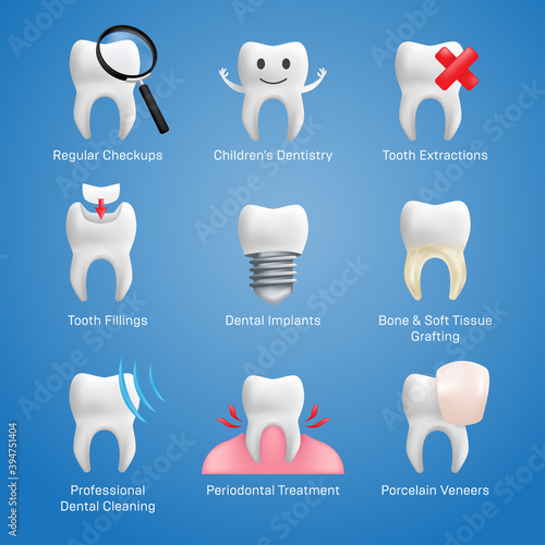 Dental icons vector set with different elements for various website services - dentistry, restorative, implants, porcelain veneers, orthodontic treatment, denture wearers, bridgework, cleaning, etc.