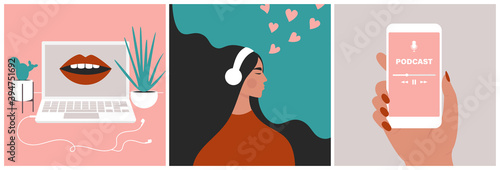 Podcast concept set. Mouth speaking from a screen on a laptop. Young beautiful girl enjoying audio in headphones. Hand holding a smartphone with a media application. Flat vector in trendy style