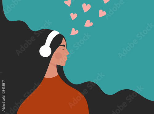 Beautiful young girl in headphones listening to music, radio, podcast or audio book. Melomaniac, music lover. Woman enjoying her favorite songs. Flat vector illustration with a female character