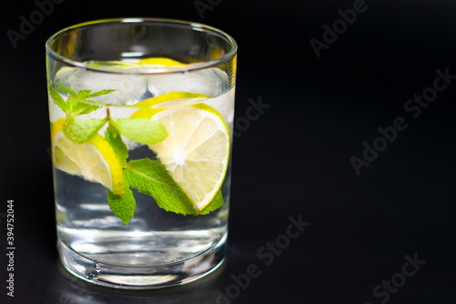 In a glass of water, ice cubes, a sprig of mint and a slice of lemon. Left side of the screen.