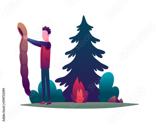 Hiking. Man and with sleeping bag, traveller or explorer near fire. Concept of discovery, exploration or adventure tourism and travel. Flat vector illustration
