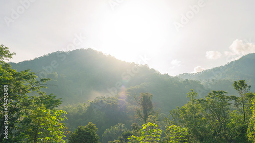 Mountain range with visible silhouettes through the morning colorful fog, Bright and enjoy your eye with the sky refreshing in Phuket Thailand.