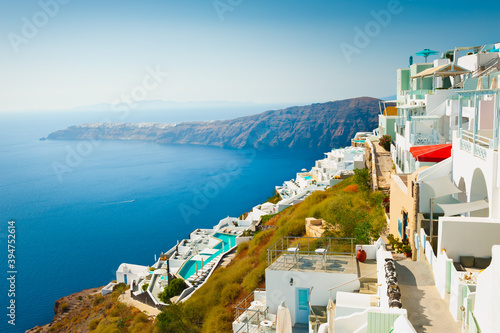 White architecture on Santorini island, Greece. Beautiful summer landscape, sea view. Travel destinations concept